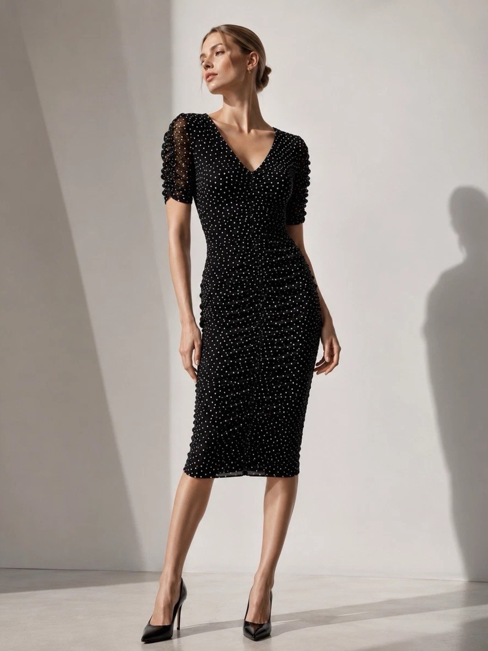 Black Halo Black and White Polka Dot Ruched V-Neck Midi Dress